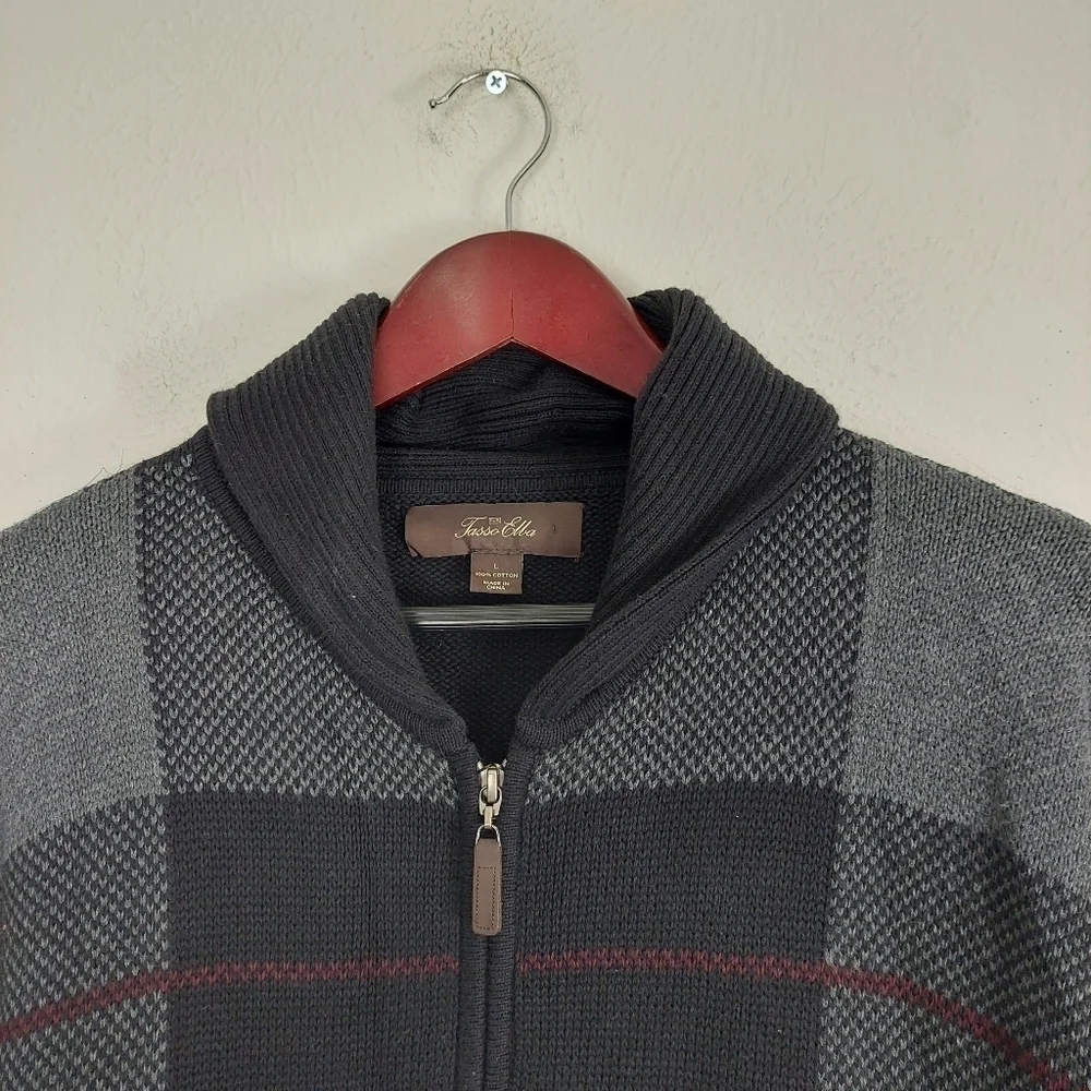 Tasso Elba Men's Size Large Zip-Front Cardigan Sweater Black Gray Plaid Pockets‎ - Picture 4 of 10